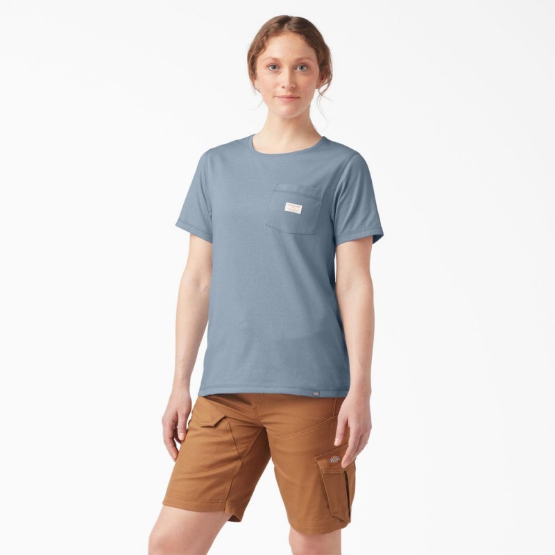 Blue Women's Dickies Traeger x Pocket T-Shirt | QDB679834