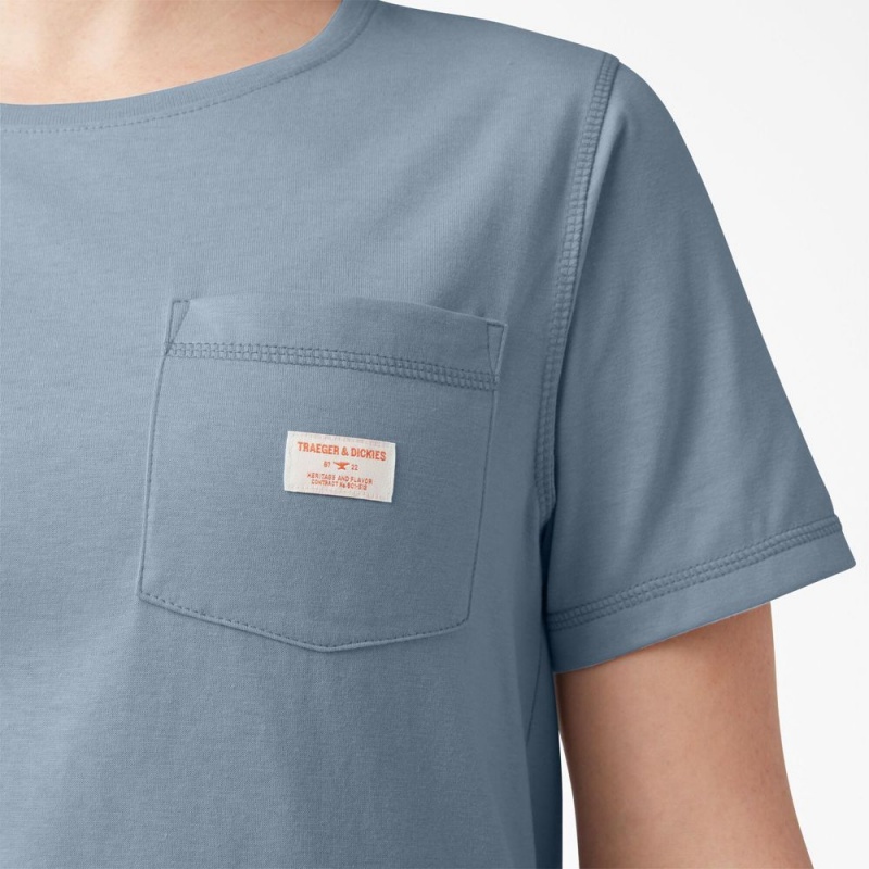 Blue Women's Dickies Traeger x Pocket T-Shirt | QDB679834