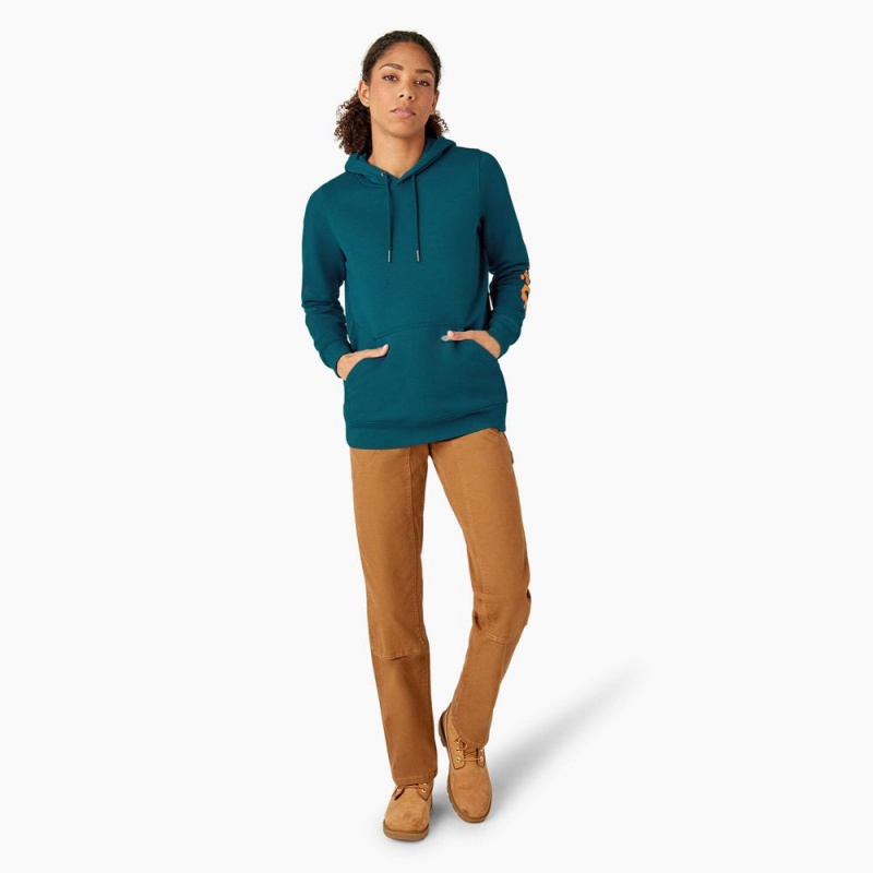 Blue Women's Dickies Water Repellent Sleeve Logo Hoodie | BCE801392