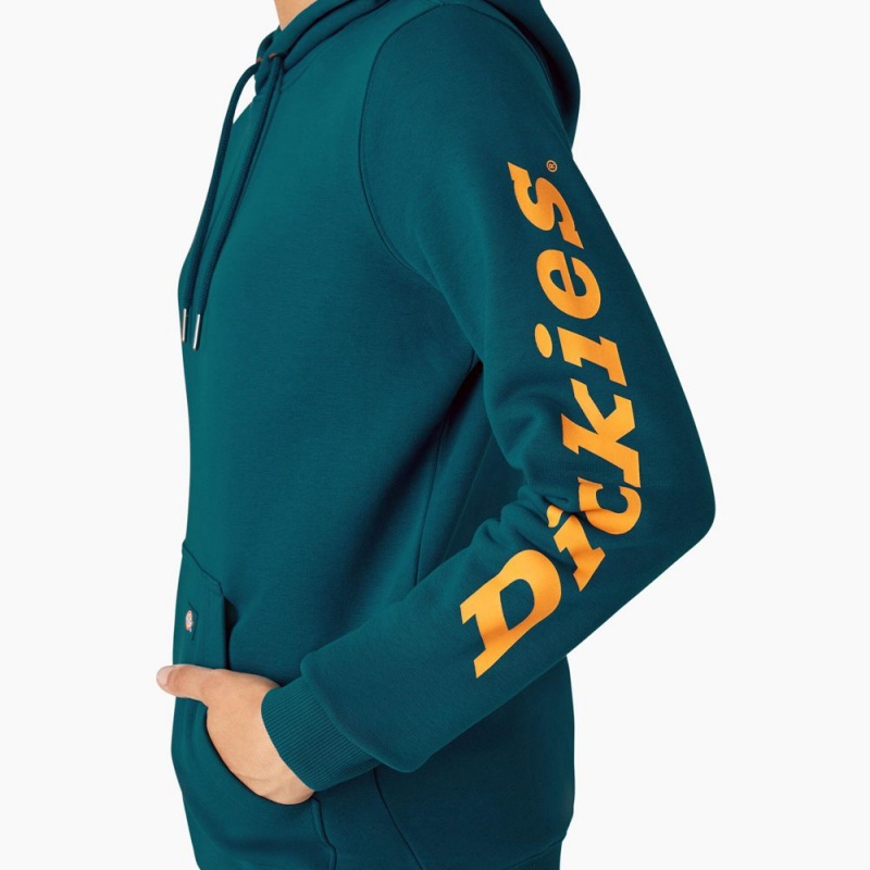 Blue Women's Dickies Water Repellent Sleeve Logo Hoodie | BCE801392