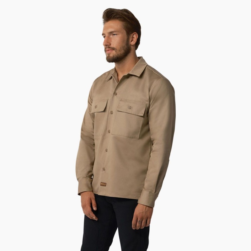 Brown Men's Dickies 1922 Premium Twill Long Sleeve Shirt | CQX405839