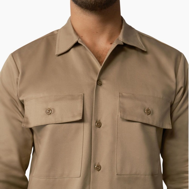 Brown Men's Dickies 1922 Premium Twill Long Sleeve Shirt | CQX405839