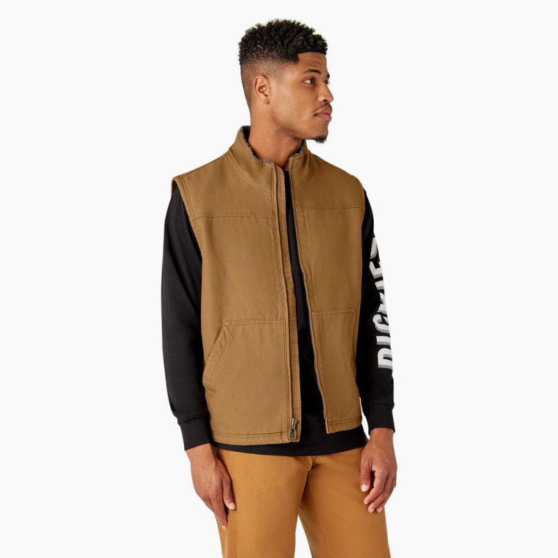 Brown Men's Dickies Duck Canvas High Pile Fleece Lined Vest | QEM038157