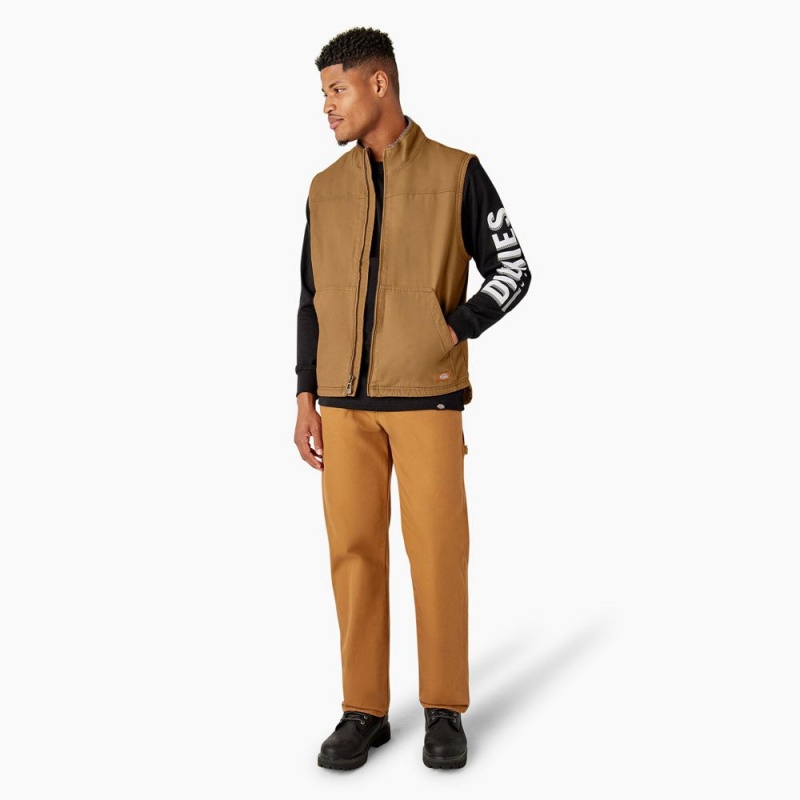 Brown Men's Dickies Duck Canvas High Pile Fleece Lined Vest | QEM038157