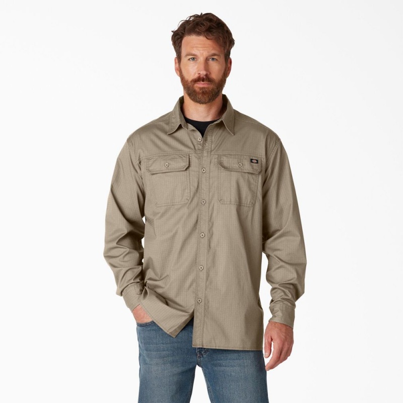 Brown Men\'s Dickies FLEX Ripstop Long Sleeve Shirt | LYH516839