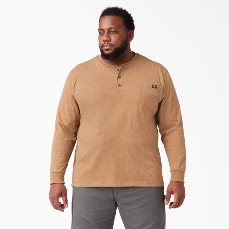 Brown Men's Dickies Heavyweight Heathered Long Sleeve Henley T-Shirt | APH675312