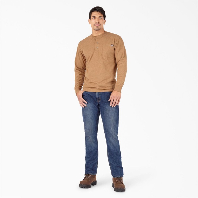 Brown Men's Dickies Heavyweight Heathered Long Sleeve Henley T-Shirt | APH675312