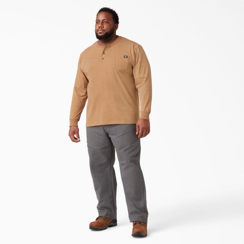 Brown Men's Dickies Heavyweight Heathered Long Sleeve Henley T-Shirt | APH675312