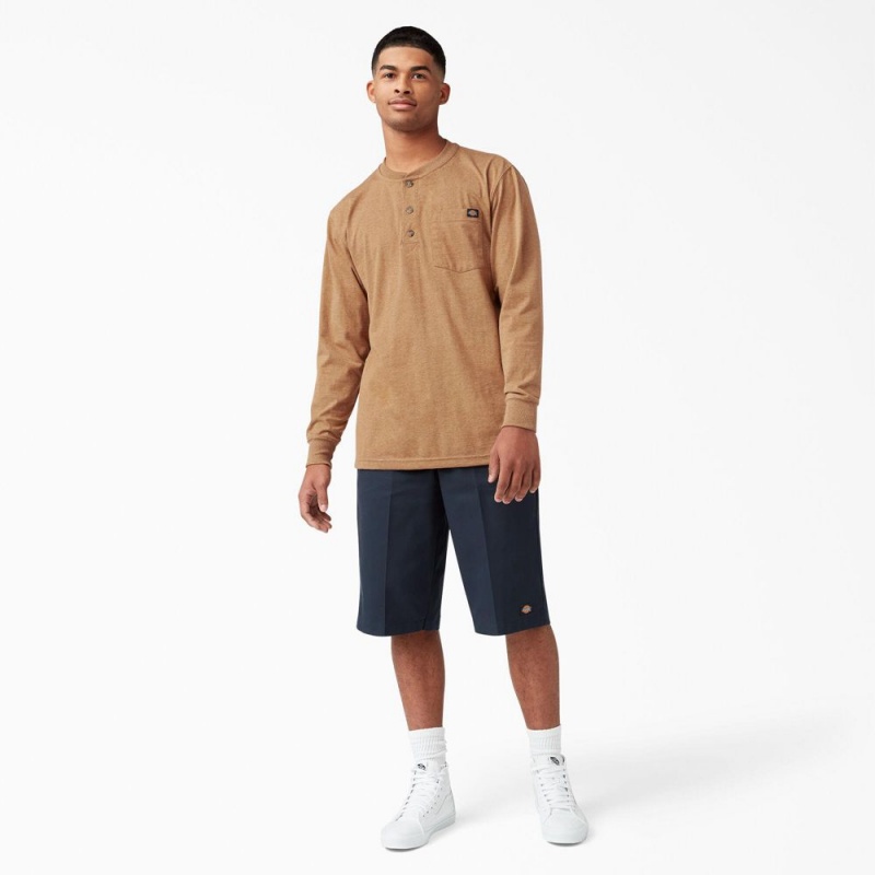 Brown Men's Dickies Heavyweight Heathered Long Sleeve Henley T-Shirt | APH675312