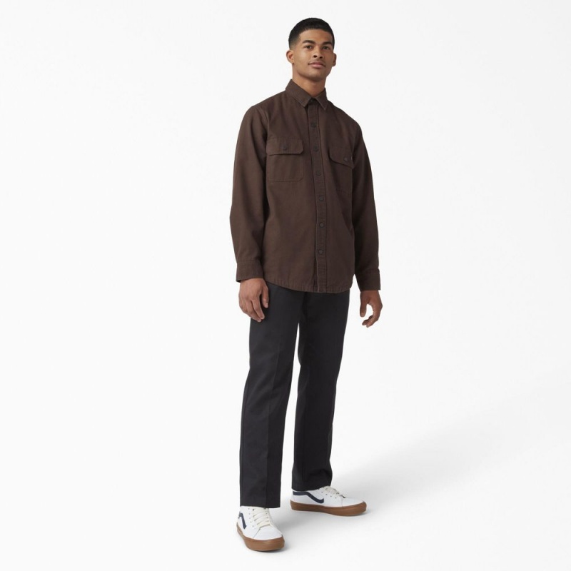 Brown Men's Dickies Long Sleeve Flannel-Lined Duck Shirt | HCA106825