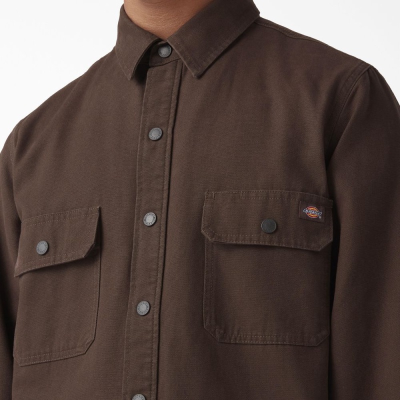 Brown Men's Dickies Long Sleeve Flannel-Lined Duck Shirt | HCA106825