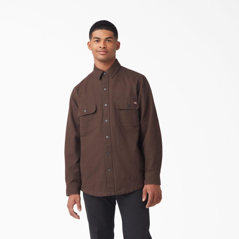 Brown Men\'s Dickies Long Sleeve Flannel-Lined Duck Shirt | HCA106825