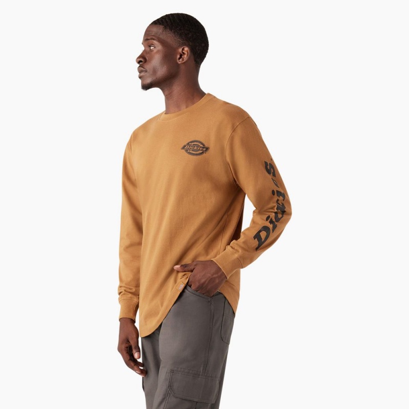 Brown Men's Dickies Long Sleeve Heavyweight Logo T-Shirt | ZEA654798