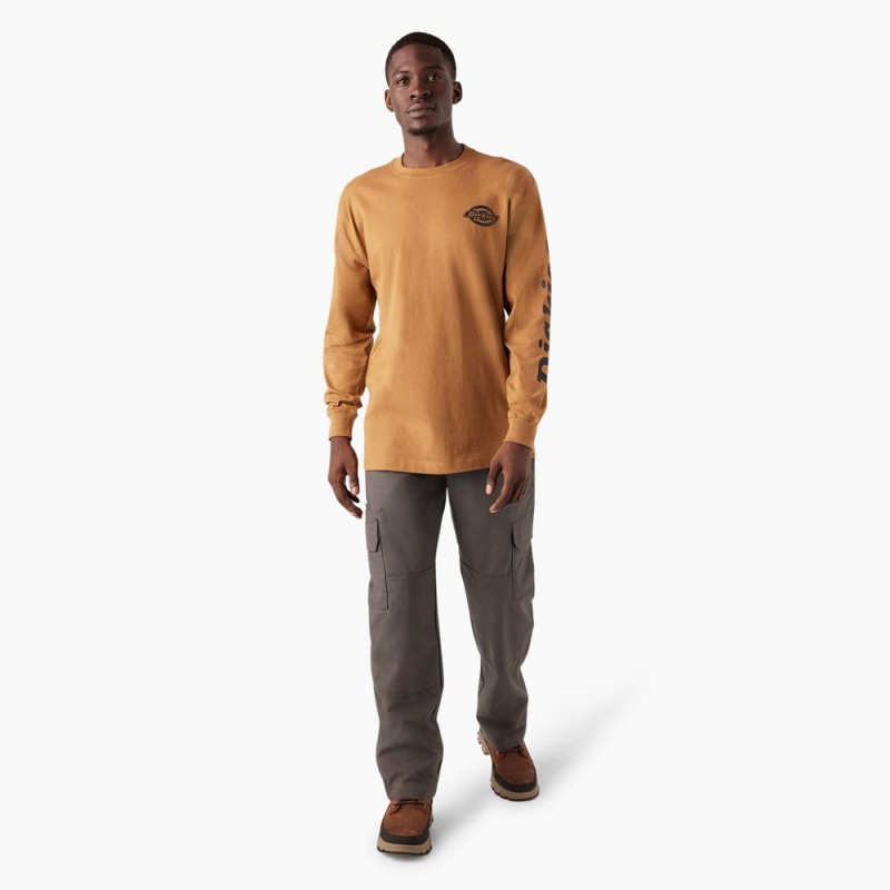 Brown Men's Dickies Long Sleeve Heavyweight Logo T-Shirt | ZEA654798