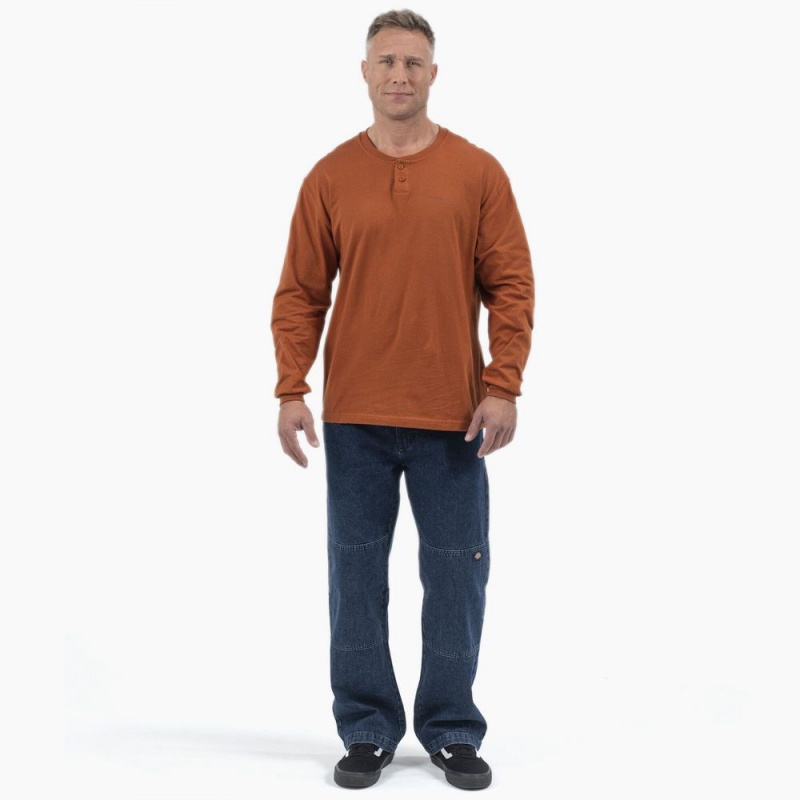 Brown Men's Dickies Long Sleeve Henley T-Shirt | SFA603782