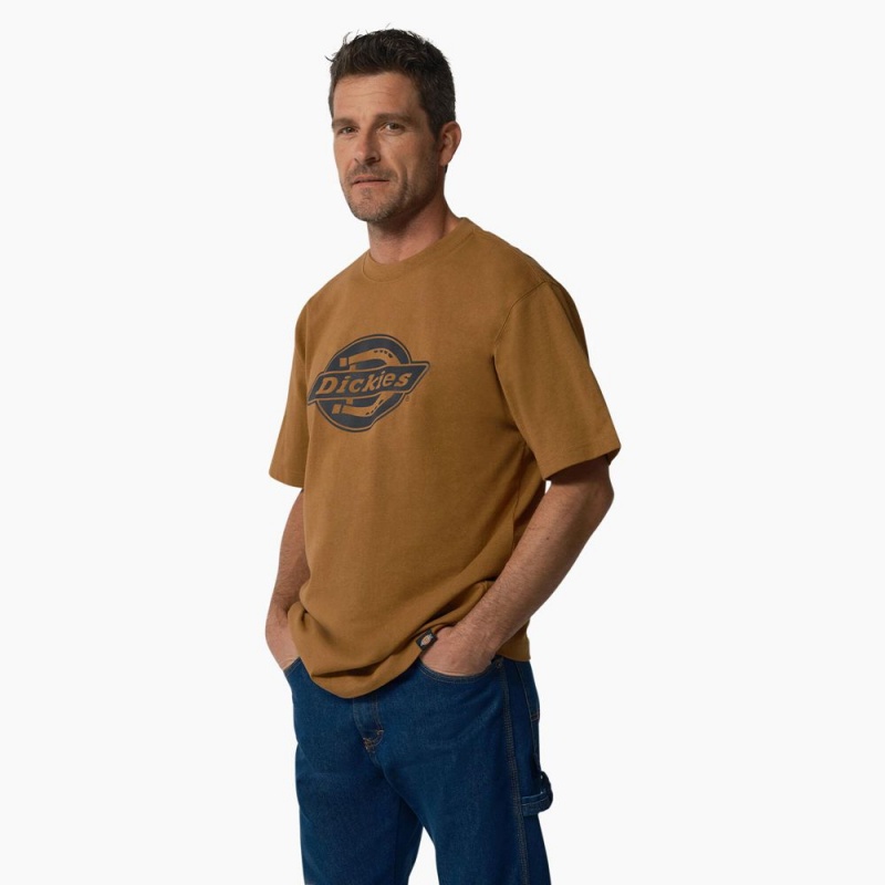 Brown Men's Dickies Short Sleeve Heavyweight Logo T-Shirt | CEF807231