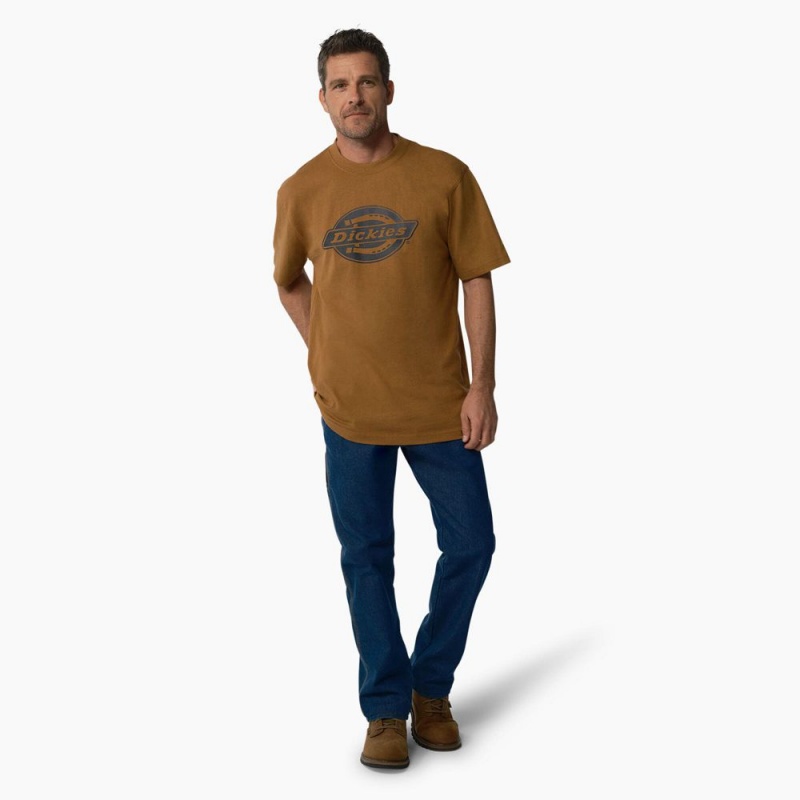 Brown Men's Dickies Short Sleeve Heavyweight Logo T-Shirt | CEF807231