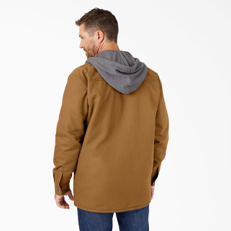 Brown Men's Dickies Water Repellent Duck Hooded Shirt Jacket | IXO937850