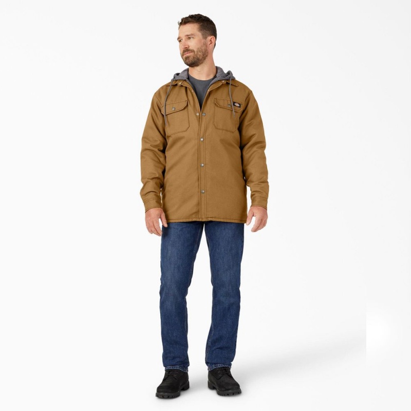 Brown Men's Dickies Water Repellent Duck Hooded Shirt Jacket | IXO937850