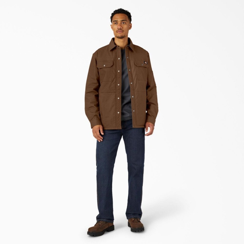 Brown Men's Dickies Water Repellent Fleece-Lined Duck Shirt Jacket | AEU563820