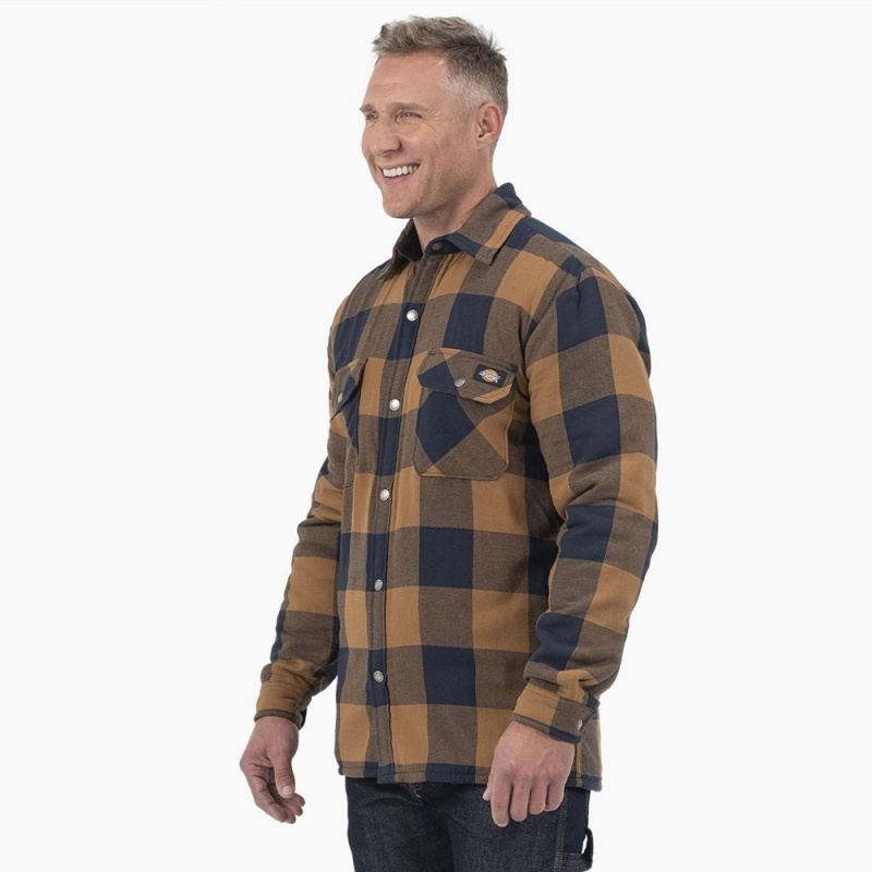 Brown Men's Dickies Water Repellent Fleece-Lined Flannel Shirt Jacket | JLQ215460