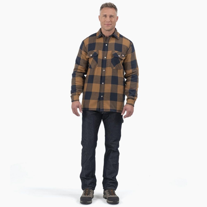 Brown Men's Dickies Water Repellent Fleece-Lined Flannel Shirt Jacket | JLQ215460