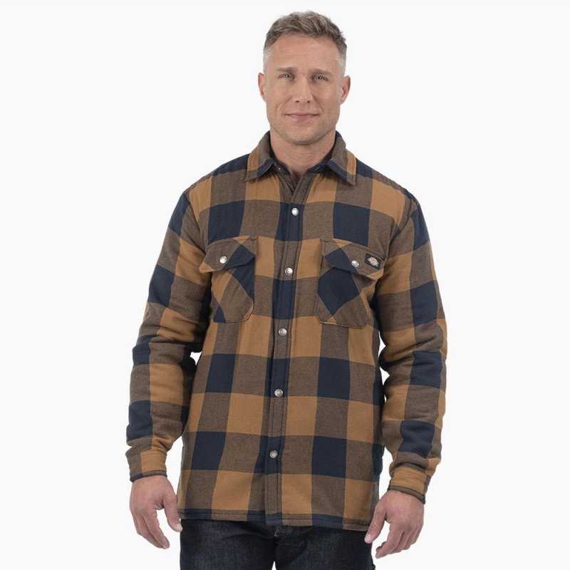 Brown Men\'s Dickies Water Repellent Fleece-Lined Flannel Shirt Jacket | JLQ215460