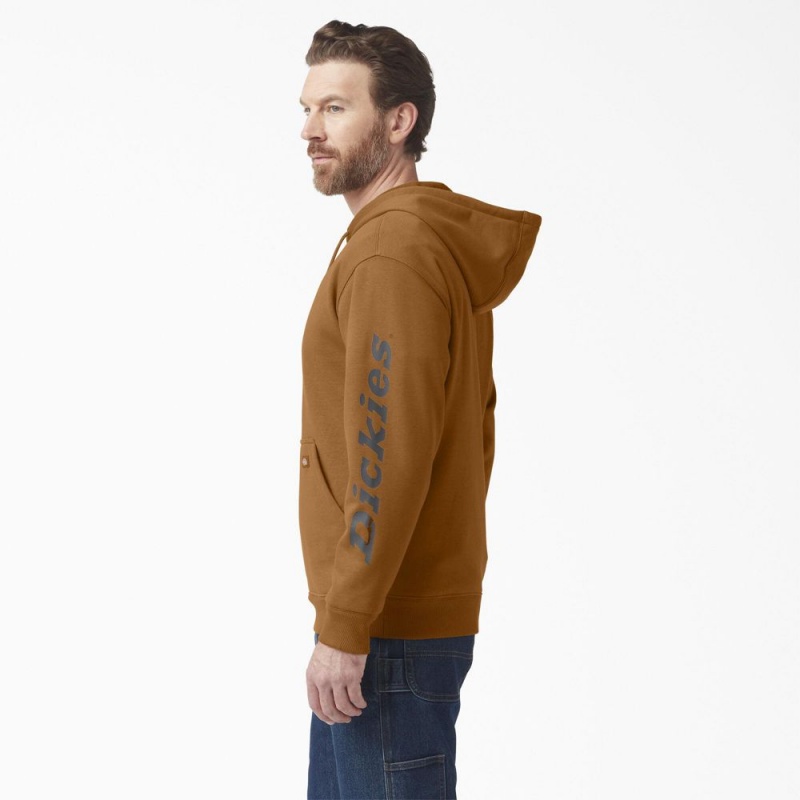 Brown Men's Dickies Water Repellent Sleeve Logo Hoodie | BQH614380