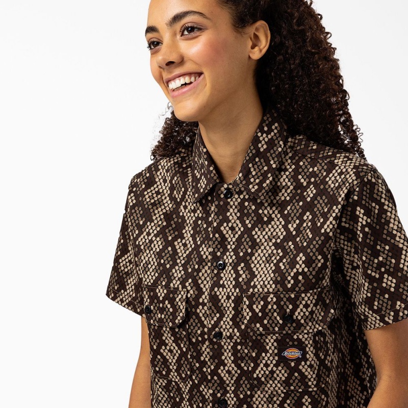 Brown Women's Dickies Camden Cropped Work Shirts | NTE269045