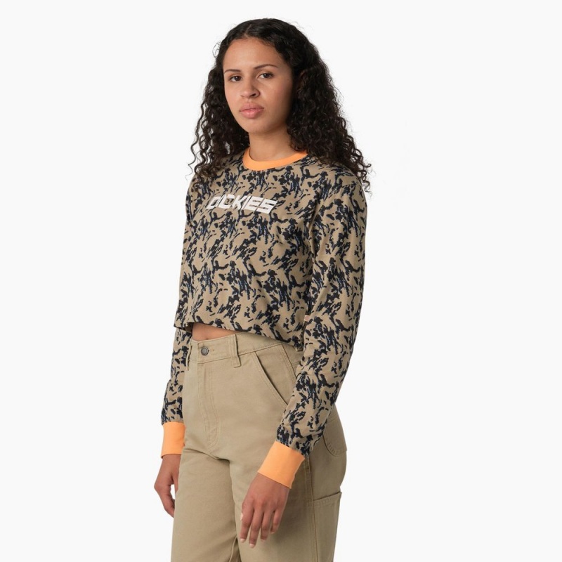 Brown Women's Dickies Camo Long Sleeve Cropped T-Shirt | TMR159638