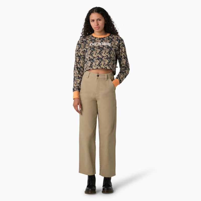 Brown Women's Dickies Camo Long Sleeve Cropped T-Shirt | TMR159638