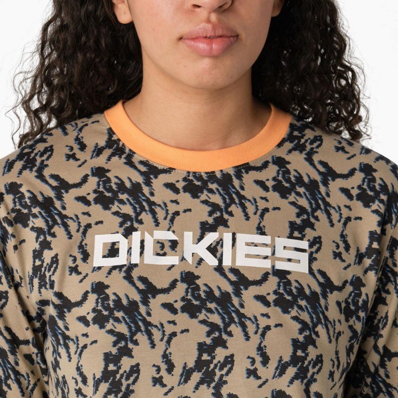 Brown Women's Dickies Camo Long Sleeve Cropped T-Shirt | TMR159638