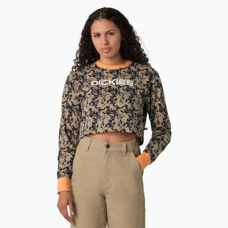 Brown Women\'s Dickies Camo Long Sleeve Cropped T-Shirt | TMR159638