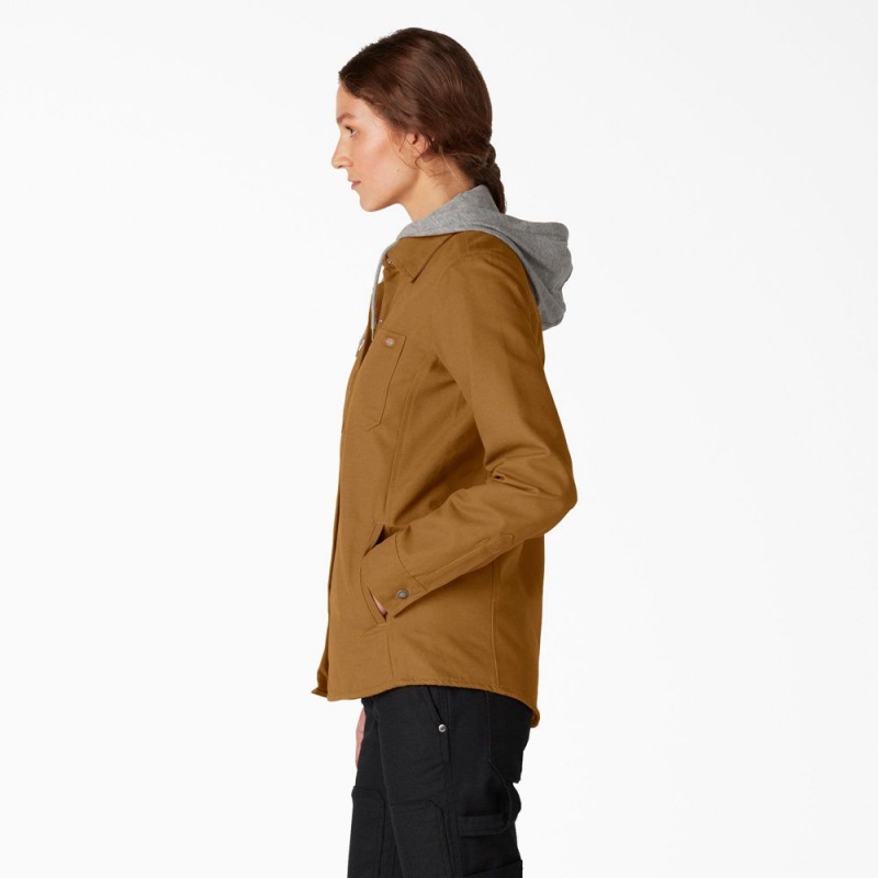 Brown Women's Dickies Duck Hooded Shirt Jacket | CET612394