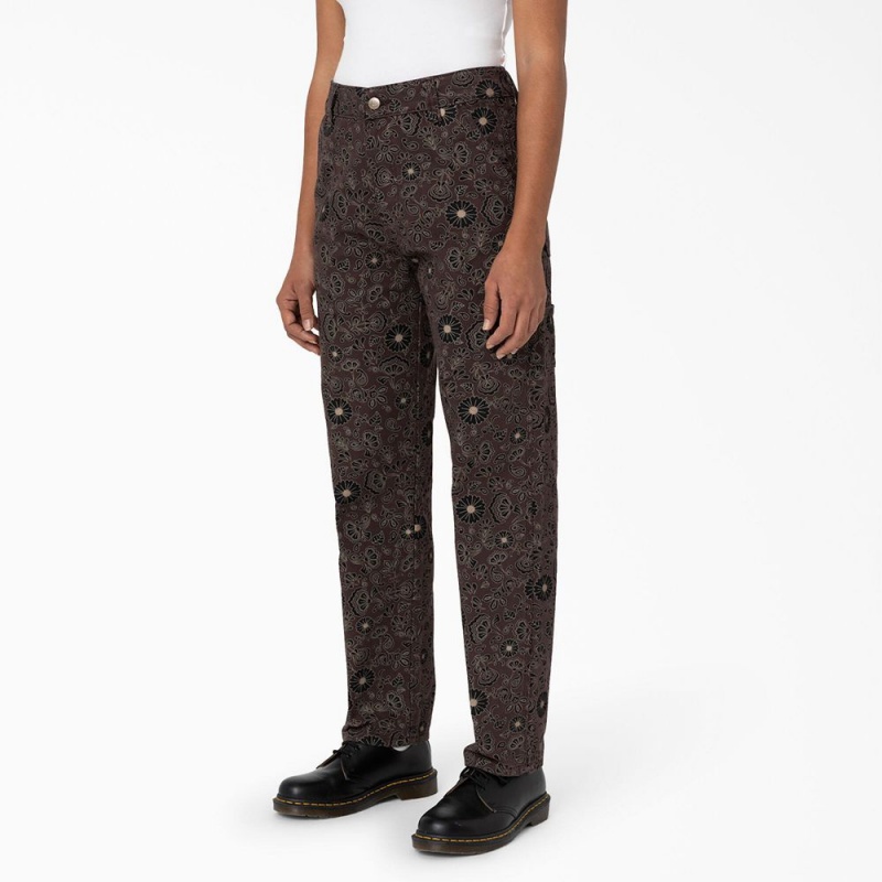 Brown Women's Dickies Ellis Floral Duck Canvas Pants | OTD085693