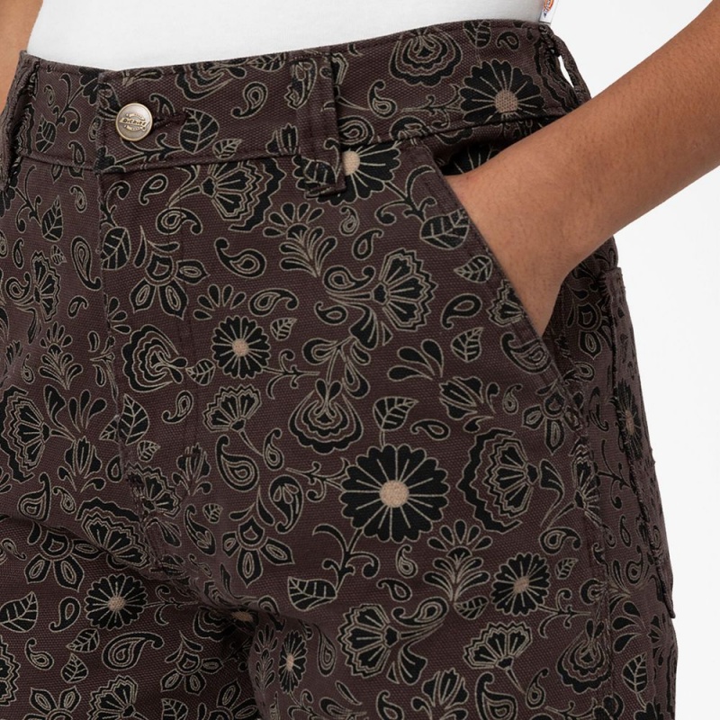 Brown Women's Dickies Ellis Floral Duck Canvas Pants | OTD085693