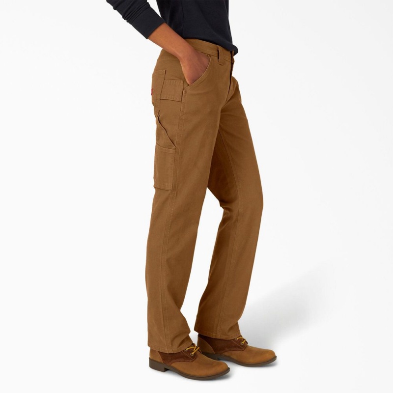 Brown Women's Dickies FLEX Relaxed Straight Fit Duck Carpenter Pants | ZKC260458