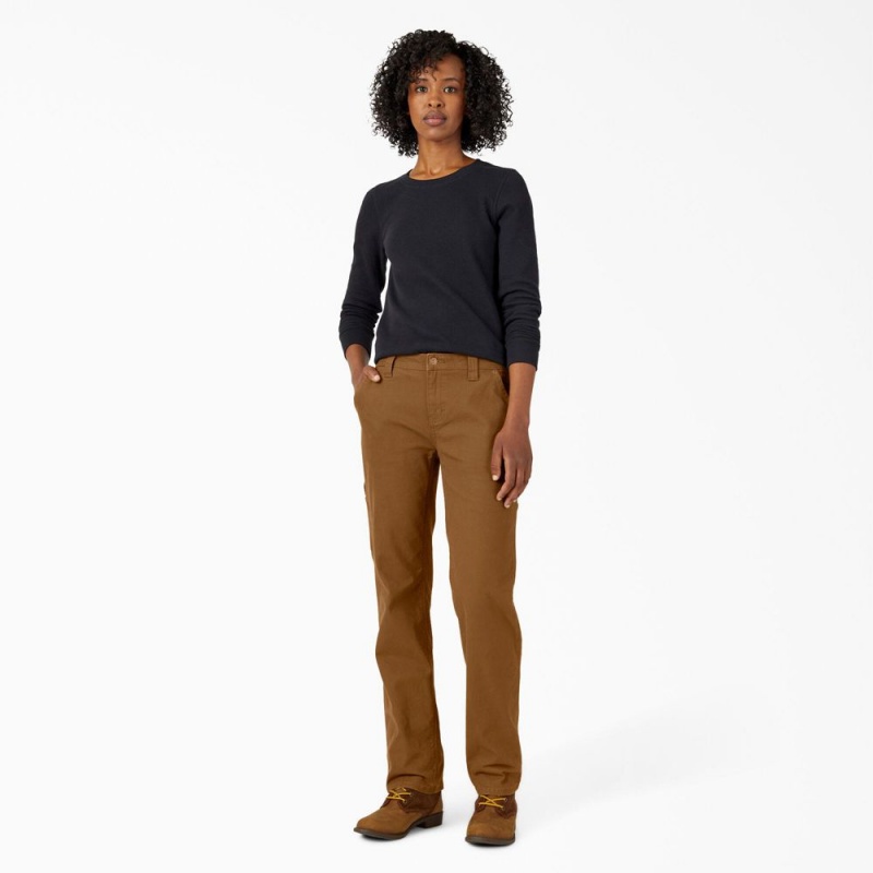 Brown Women's Dickies FLEX Relaxed Straight Fit Duck Carpenter Pants | ZKC260458