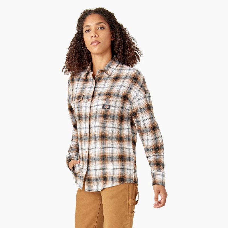 Brown Women's Dickies Long Sleeve Flannel Shirt | KRE741039