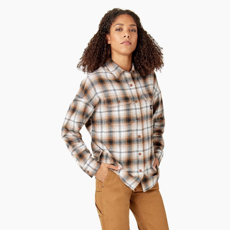 Brown Women's Dickies Long Sleeve Flannel Shirt | KRE741039