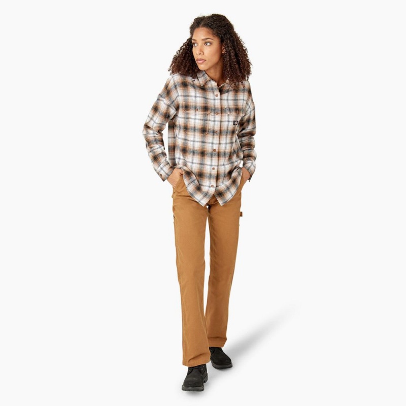 Brown Women's Dickies Long Sleeve Flannel Shirt | KRE741039