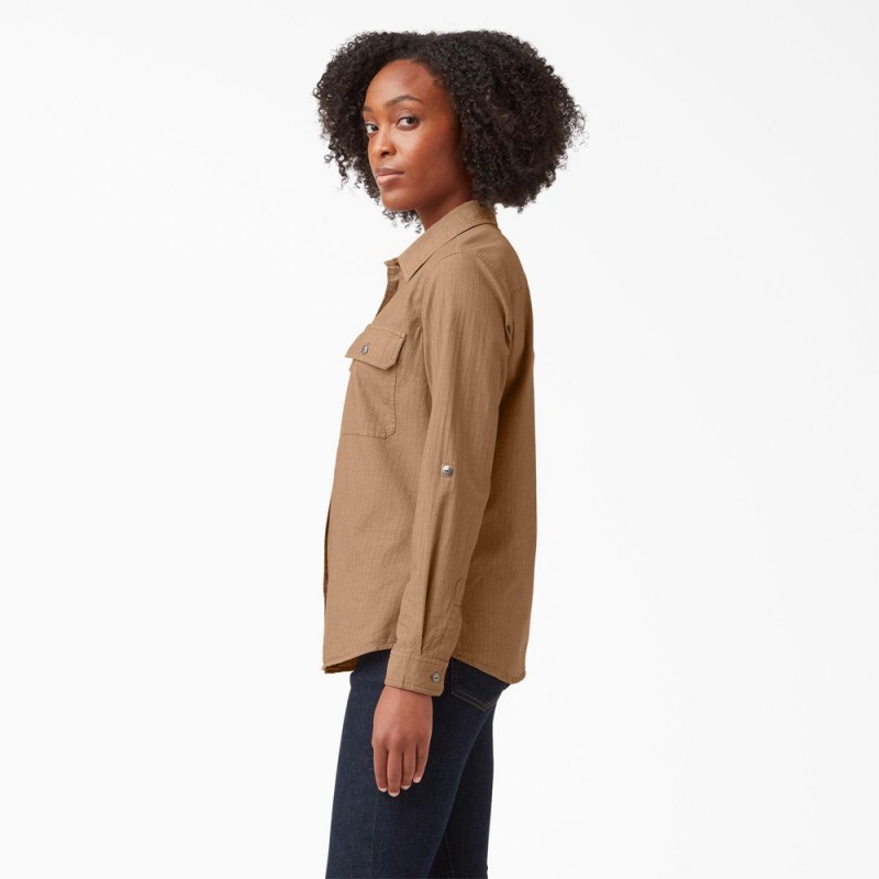 Brown Women's Dickies Long Sleeve Roll-Tab Work Shirts | BAN367215