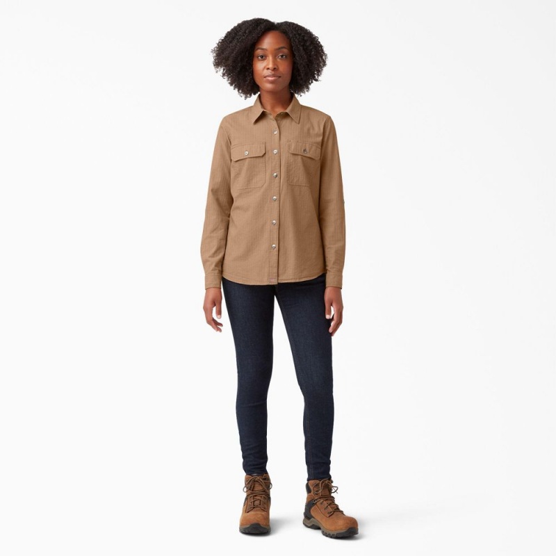 Brown Women's Dickies Long Sleeve Roll-Tab Work Shirts | BAN367215