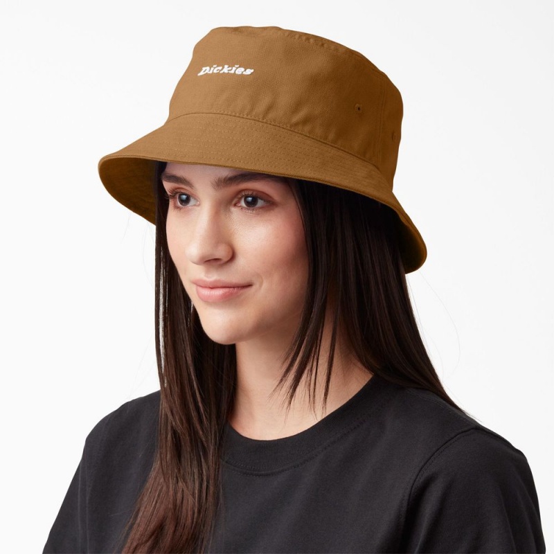 Brown Women\'s Dickies Script Logo Canvas Bucket Hat | DNT869517