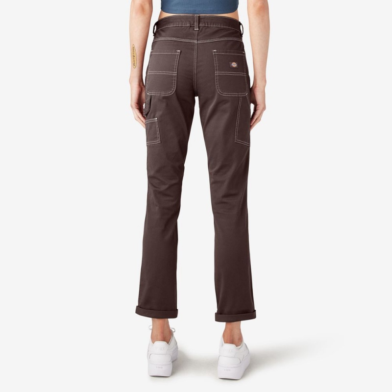 Brown Women's Dickies Slim Straight Fit Roll Hem Carpenter Pants | KZC156892