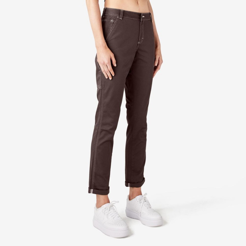 Brown Women's Dickies Slim Straight Fit Roll Hem Carpenter Pants | KZC156892