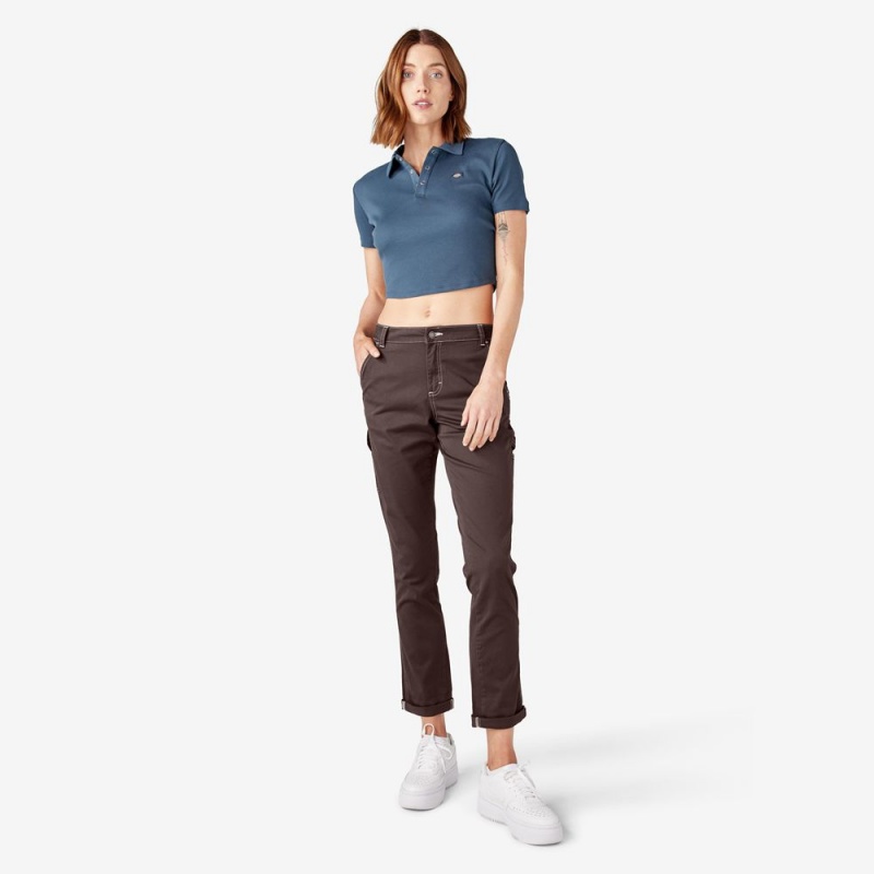 Brown Women's Dickies Slim Straight Fit Roll Hem Carpenter Pants | KZC156892