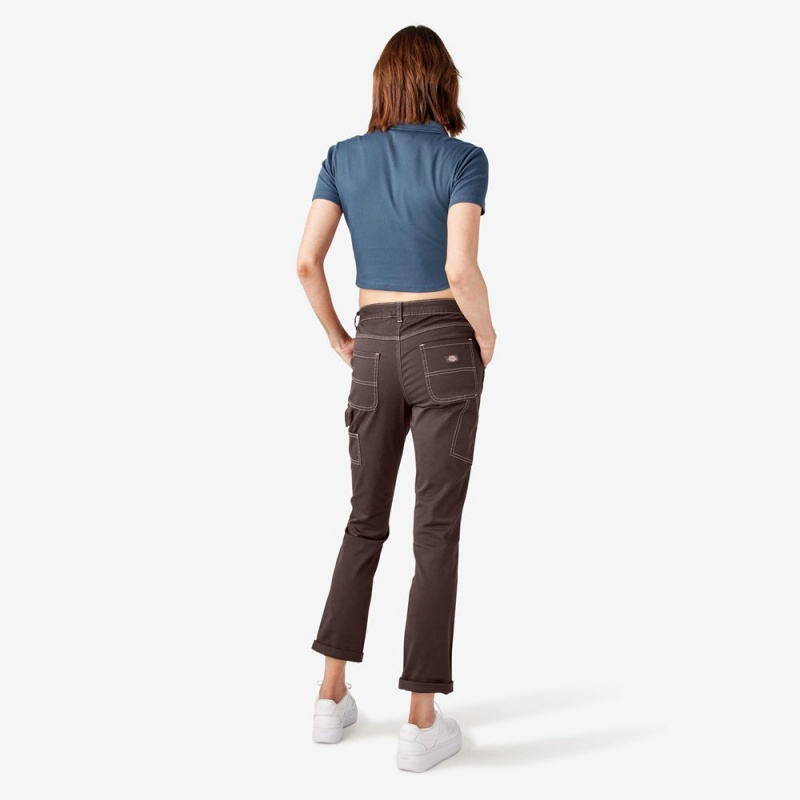 Brown Women's Dickies Slim Straight Fit Roll Hem Carpenter Pants | KZC156892