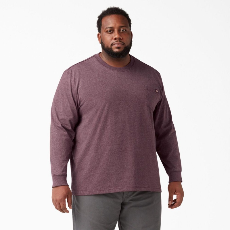 Burgundy Men's Dickies Heavyweight Heathered Long Sleeve Pocket T-Shirt | LWT074196