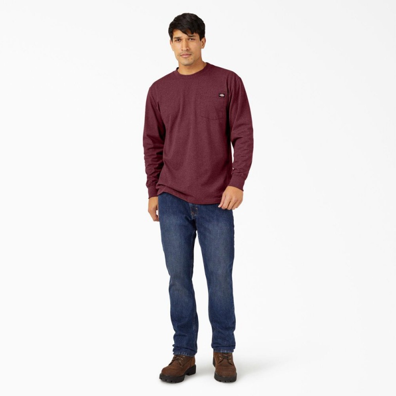 Burgundy Men's Dickies Heavyweight Heathered Long Sleeve Pocket T-Shirt | LWT074196